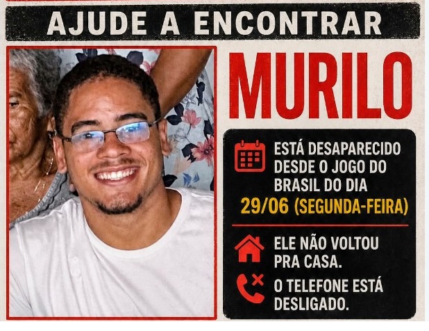  Estudante de 21 anos sai para ver jogo do Brasil e desaparece; família está desesperada